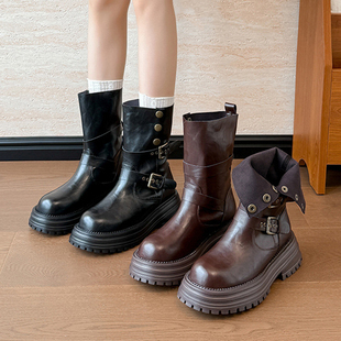 希同儿微胖女鞋复古显瘦圆头增高厚底短靴加宽中筒靴百搭平底靴子