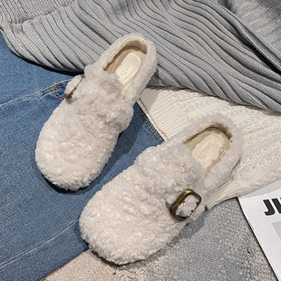 希同儿大码女装胖mm秋冬百搭粗跟圆头毛毛鞋半拖鞋外穿包头穆勒鞋