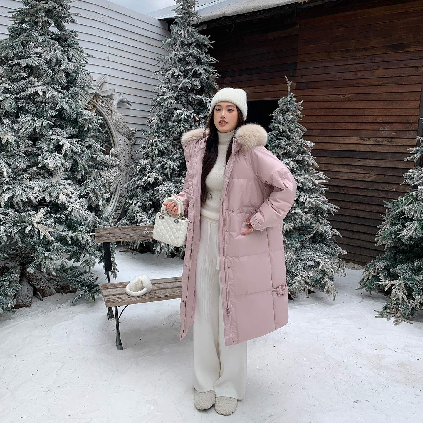 希同儿狐狸大毛领连帽90白鸭绒长款羽绒服大码宽松显瘦保暖外套女