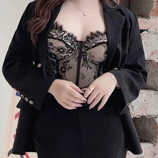 希同儿大码女装胖mm性感辣妹显瘦蕾丝鱼骨带胸垫钢圈小吊带内搭女