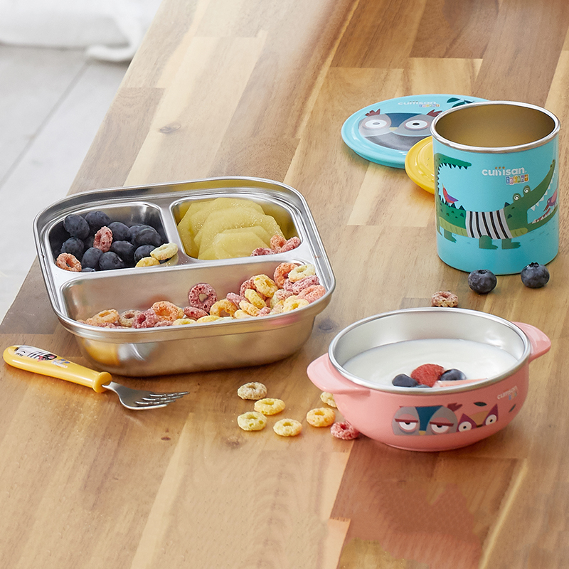 韩国酷艺师不锈钢密封饭盒叉勺儿童分格餐盘辅食筷碗可微波炉加热