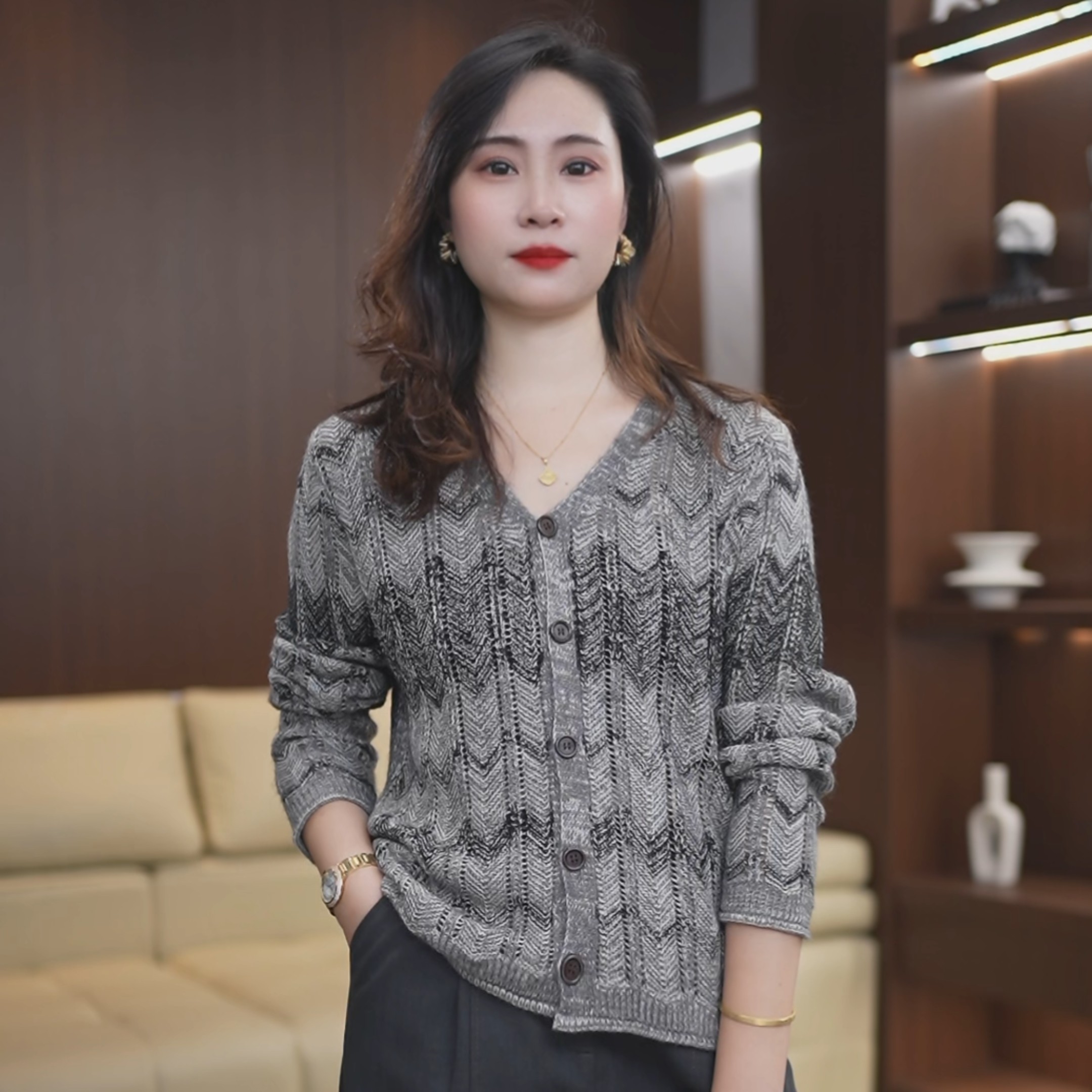 复古休闲宽松型拼色条纹V领开衫女长袖单排扣显瘦针织衫毛衣4547