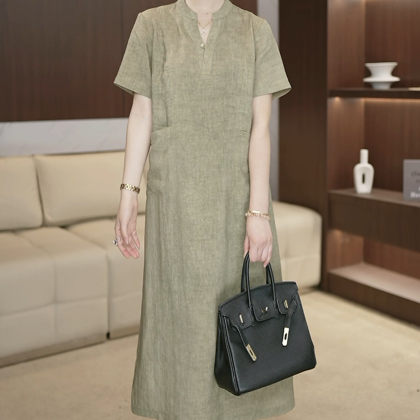 2025夏季女复古原创气质天丝苎麻A字裙宽松显瘦中式V领连衣裙3048