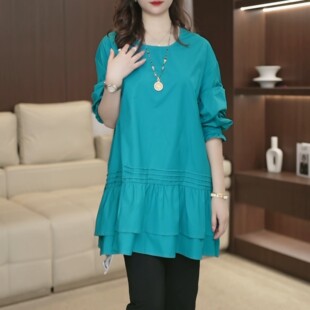 欧货大码重磅高货圆领遮肉显瘦设计感衬衫裙摆上衣裙3943