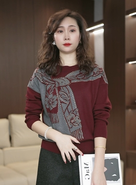 2025年秋季大码女装胖mm烫钻圆领长袖针织衫宽松显瘦百搭上衣3690