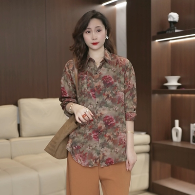 【凤尾花】港风复古印花长袖衬衫女2026早春新款慵懒防晒上衣3982