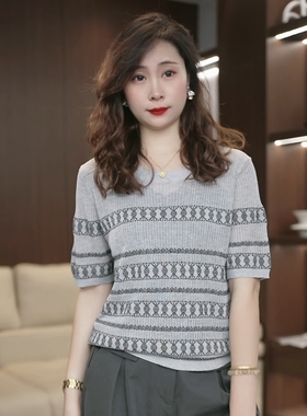 2026年夏季莱赛尔天丝圆领针织衫短袖女提花撞色打底衫T恤4069