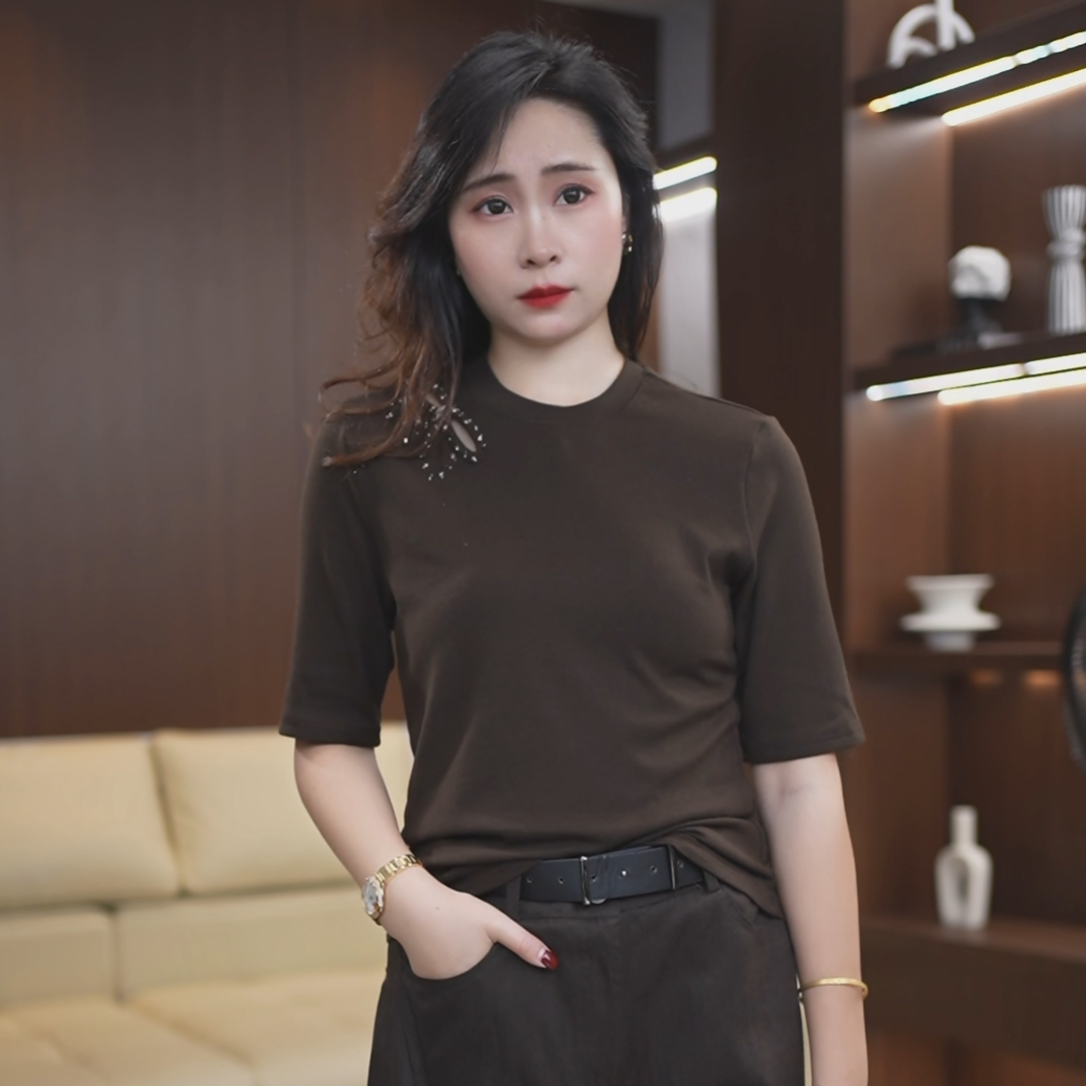 设计感手工钉珠中袖T恤打底衫女2026秋新款百搭显瘦上衣小衫4525