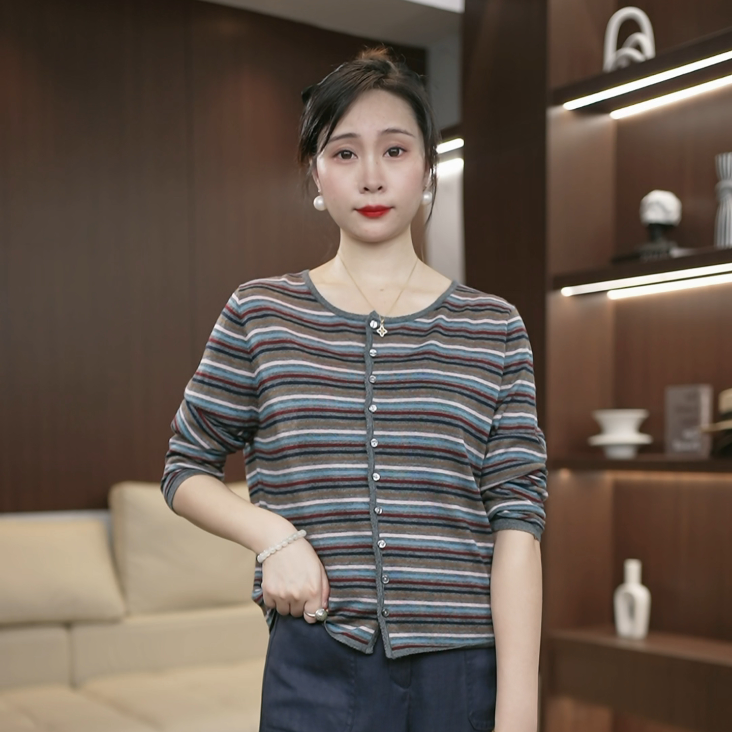 复古撞色条纹半开领针织开衫女秋冬气质高级感慵懒风毛衣外套3314