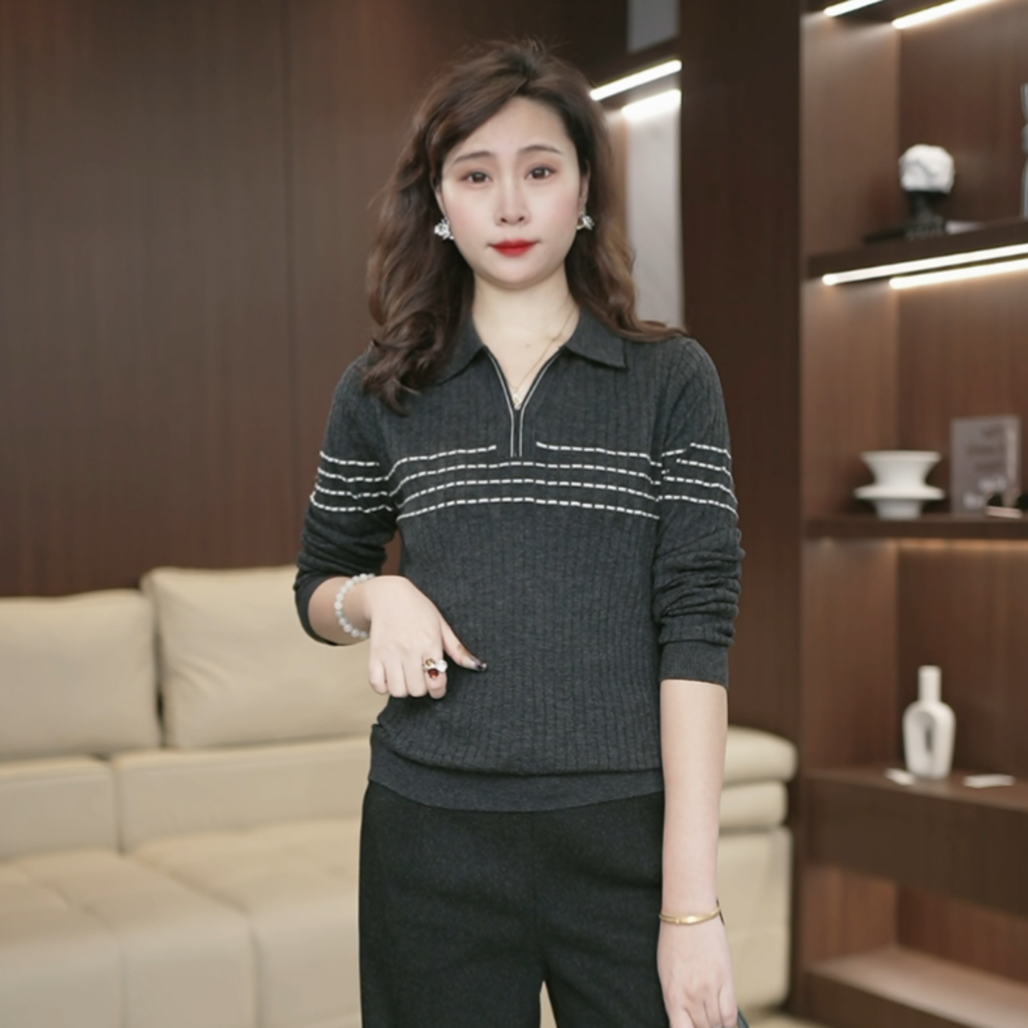 【爆款升级】紧密纺可机洗羊毛撞色POLO领气质长袖针织衫3766