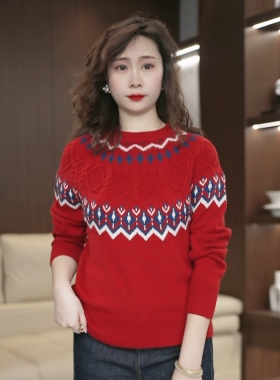 费尔岛风红色毛衣女冬季宽松圆领提花印花休闲内搭针织衫3904