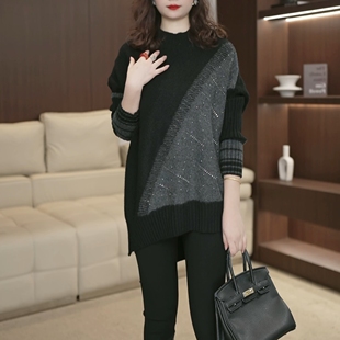 中长款羊毛针织衫女秋冬高级感软糯镶钻上衣内搭加厚打底毛衣3891