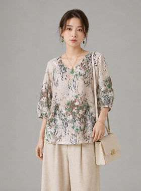 休闲宽松短袖t恤女夏季2026小众印花遮肚子七分袖上衣防晒衣3003