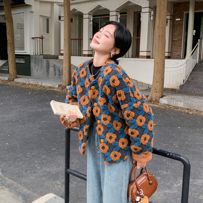 撞色立体花朵小香风羽绒服2024新款女冬独特好看小个子毛呢短外套