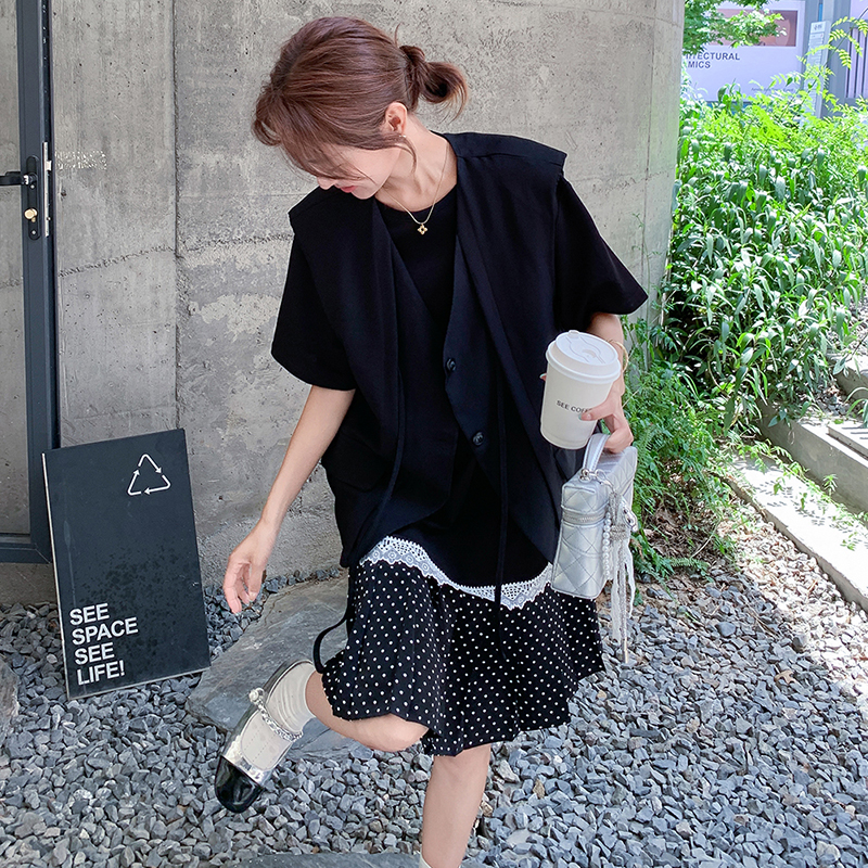 黑色西装马甲波点拼接连衣裙套装女夏2025新款小个子流行爆款裙子