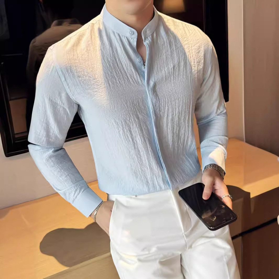 明星同款长袖立领褶皱面料男衬衫海边度假风防晒衣休闲百搭轻薄透