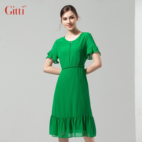 Gitti/吉蒂时尚修身荷叶袖雪纺连衣裙女圆领花边拼接A字裙G202112