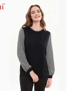 Gitti/吉蒂撞色千鸟格荷叶边拼接圆领T恤女显瘦大码上衣G255102