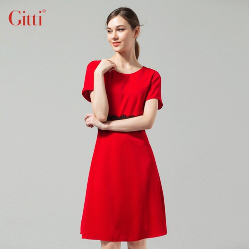 Gitti/吉蒂夏季女装修身收腰蕾丝花边拼贴圆领A字连衣裙G202093