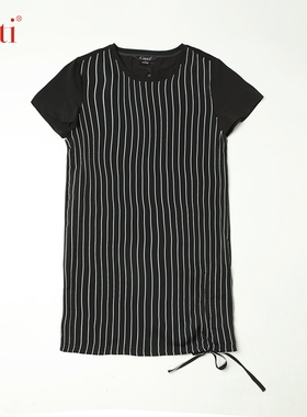 Gitti/吉蒂夏条纹印花短袖上衣女棉大码中长下摆皱系带T恤G211312