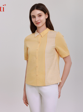 Gitti/吉蒂春夏新品竖条纹短袖衬衫女大码休闲棉衬衣G251202