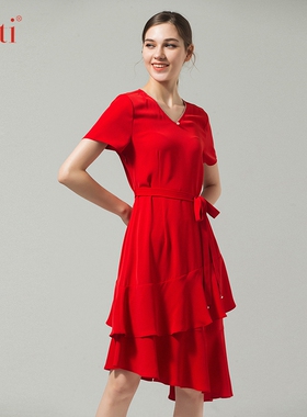 Gitti/吉蒂修身束腰V领钉珠连衣裙女多层不规则下摆连衣裙G202086