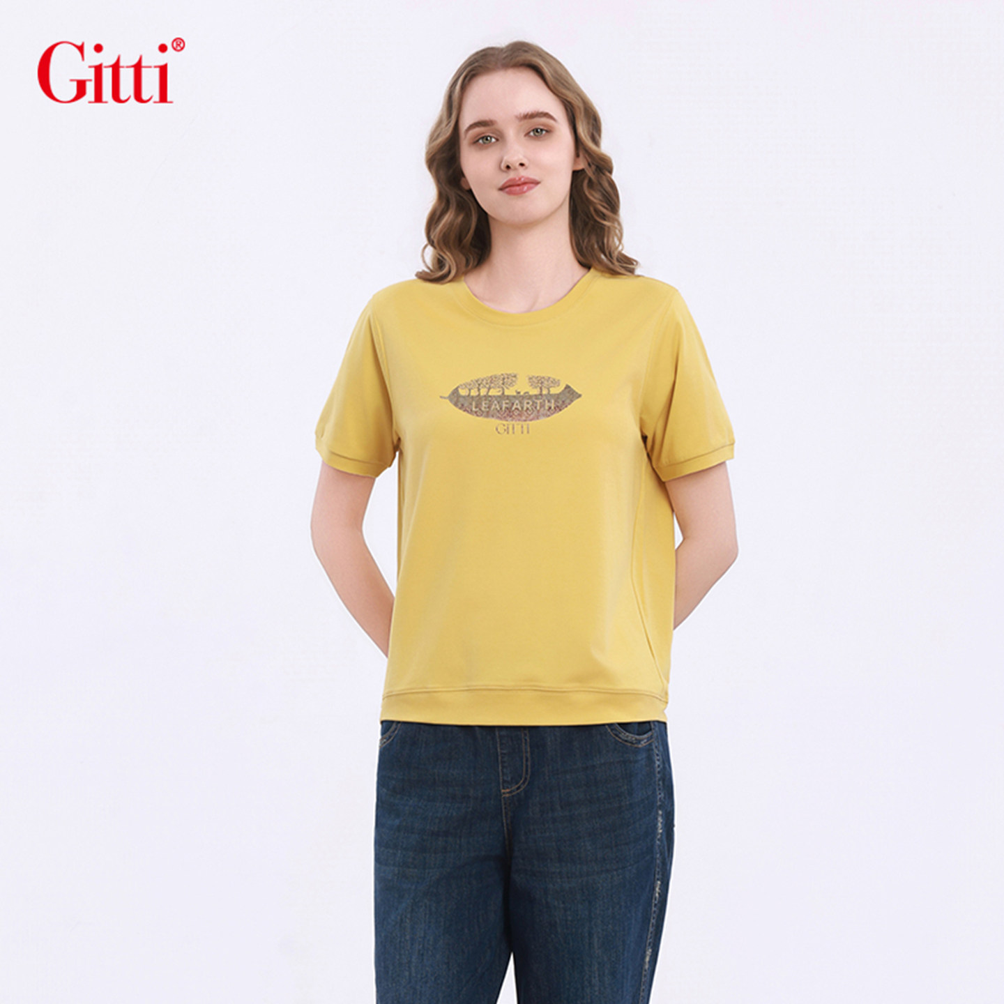 Gitti/吉蒂印花烫钻圆领大码T恤女棉舒适亲肤宽松短袖上衣G261702
