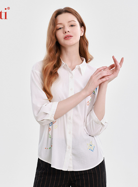 Gitti/吉蒂春款印花七分袖衬衫女宽松大码中袖休闲衬衣G251009