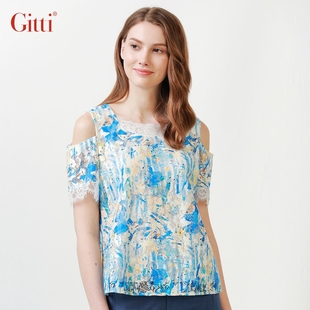 上衣G211279 Gitti 吉蒂方领花边拼接蕾丝衫 女时尚 露肩显瘦大码