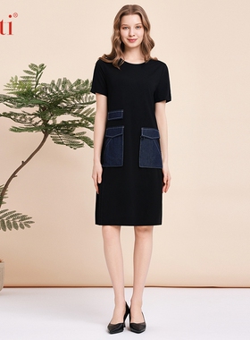 Gitti/吉蒂新品休闲风牛仔贴布口袋裙子女弹力修身连衣裙 G241263