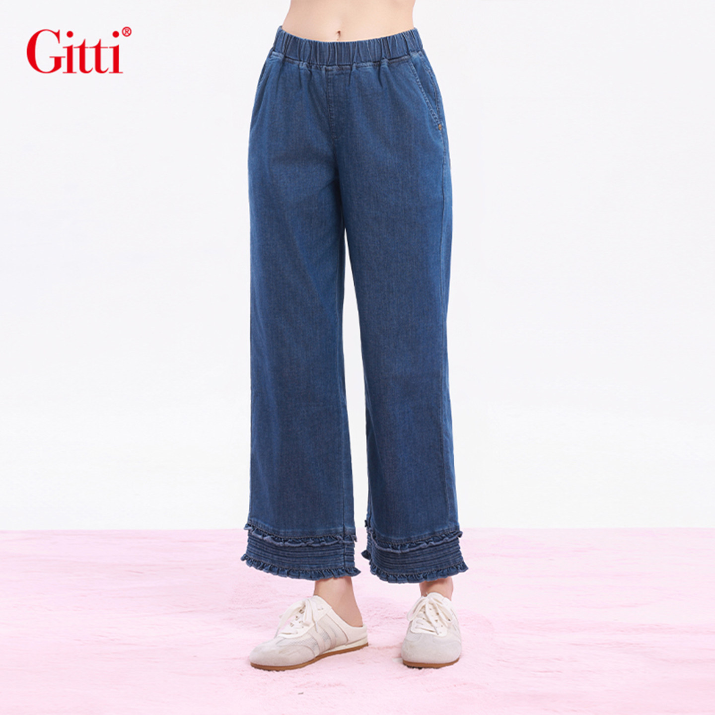 Gitti/吉蒂花边拼接直筒松紧腰牛仔裤女棉弹力大码九分裤G261394