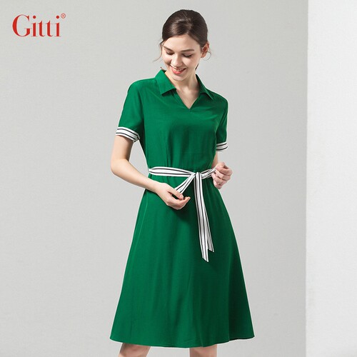 Gitti/吉蒂POLO领花边拼接束腰连衣裙女新品气质短袖A字裙G202094