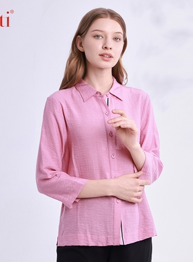 Gitti/吉蒂秋款七分袖棉麻衬衫女条纹亲肤舒适大码衬衣G245132