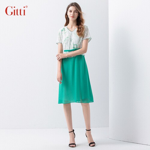 Gitti/吉蒂束腰蕾丝花边拼接连衣裙V领假二件清甜美雪纺裙G202075
