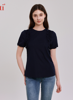 Gitti/吉蒂圆领缩褶荷叶边短袖女显瘦减龄大码T恤G251308