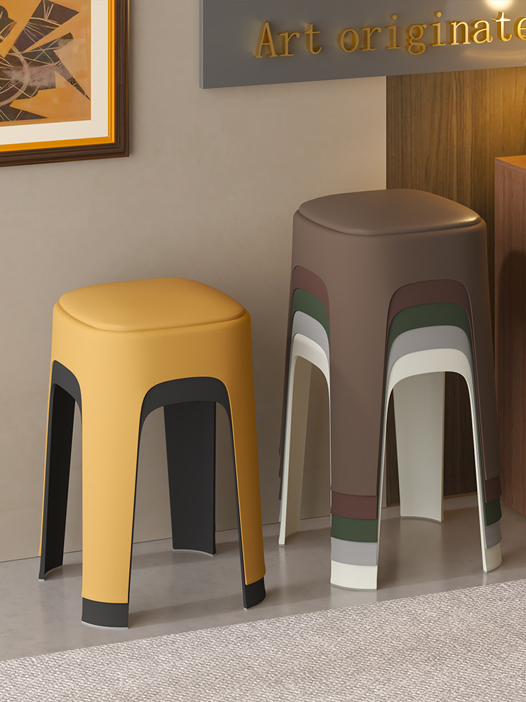 软包凳子加厚结实耐用家用塑料方凳可叠放轻奢高级感餐桌备用椅子