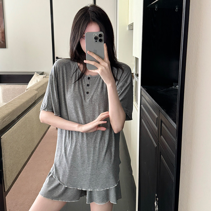 夏季新款宽松睡衣女人棉舒适柔软简约短袖短裤纯色两件套装家居服