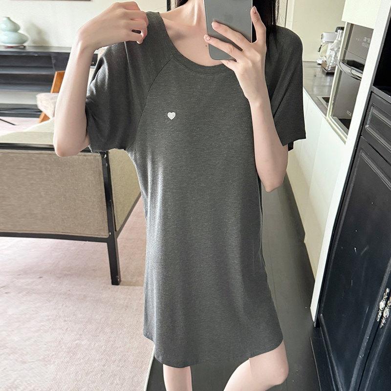 夏季新品薄款人棉睡衣女韩版桃心带胸垫简约纯色可外穿短款连衣裙