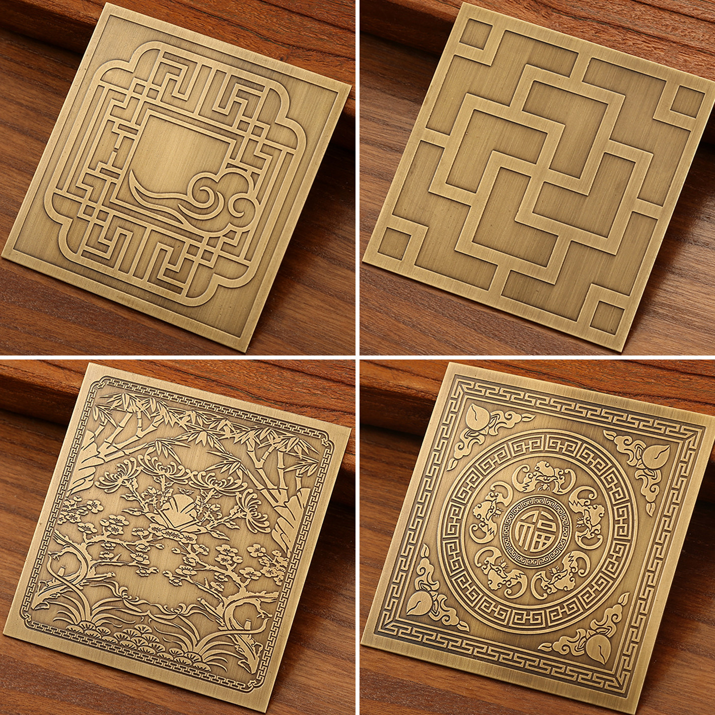 古纯铜方形雕刻花装饰片黄铜贴片