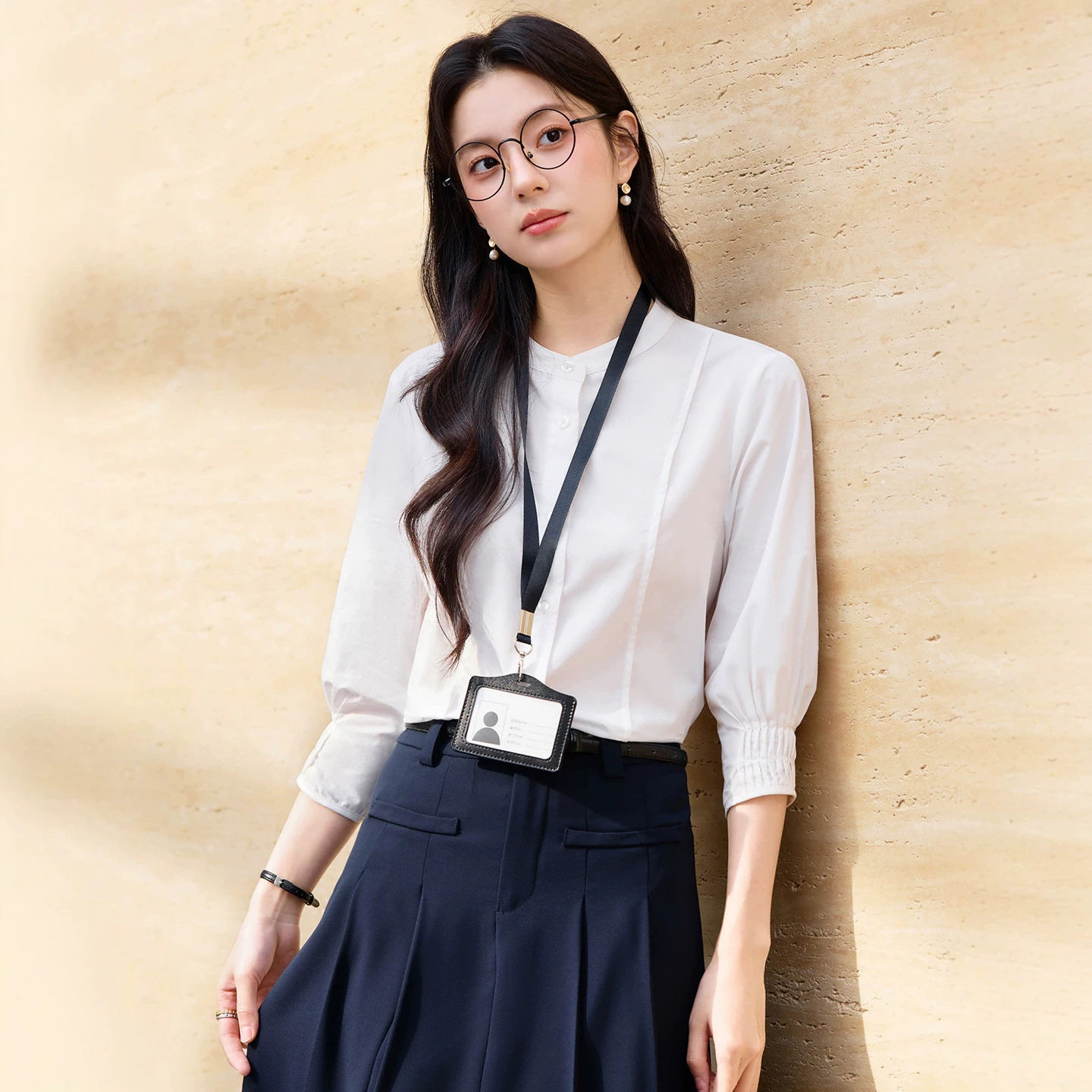 蓝色衬衫女夏季薄款高级大学生面试正装教师气质通勤穿搭套装衬衣