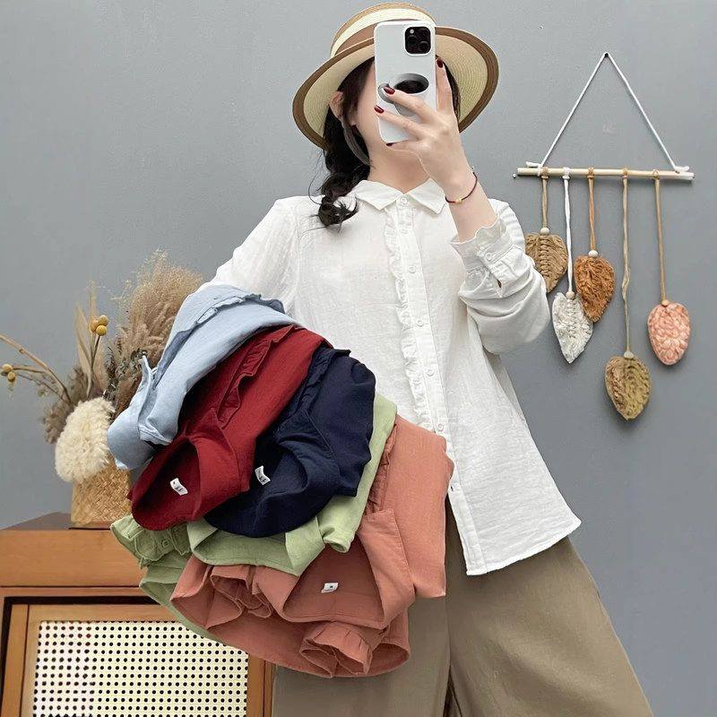 气质双层棉纱门襟木耳边长袖衬衫女2026春季新款宽松休闲上衣衬衣,女装/女士精品,衬衫,淘宝优惠券,粉丝福利购,淘宝优惠卷