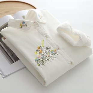 2025秋冬新款文艺加绒纯棉白色衬衫女保暖加厚刺绣衬衣内搭打底衫