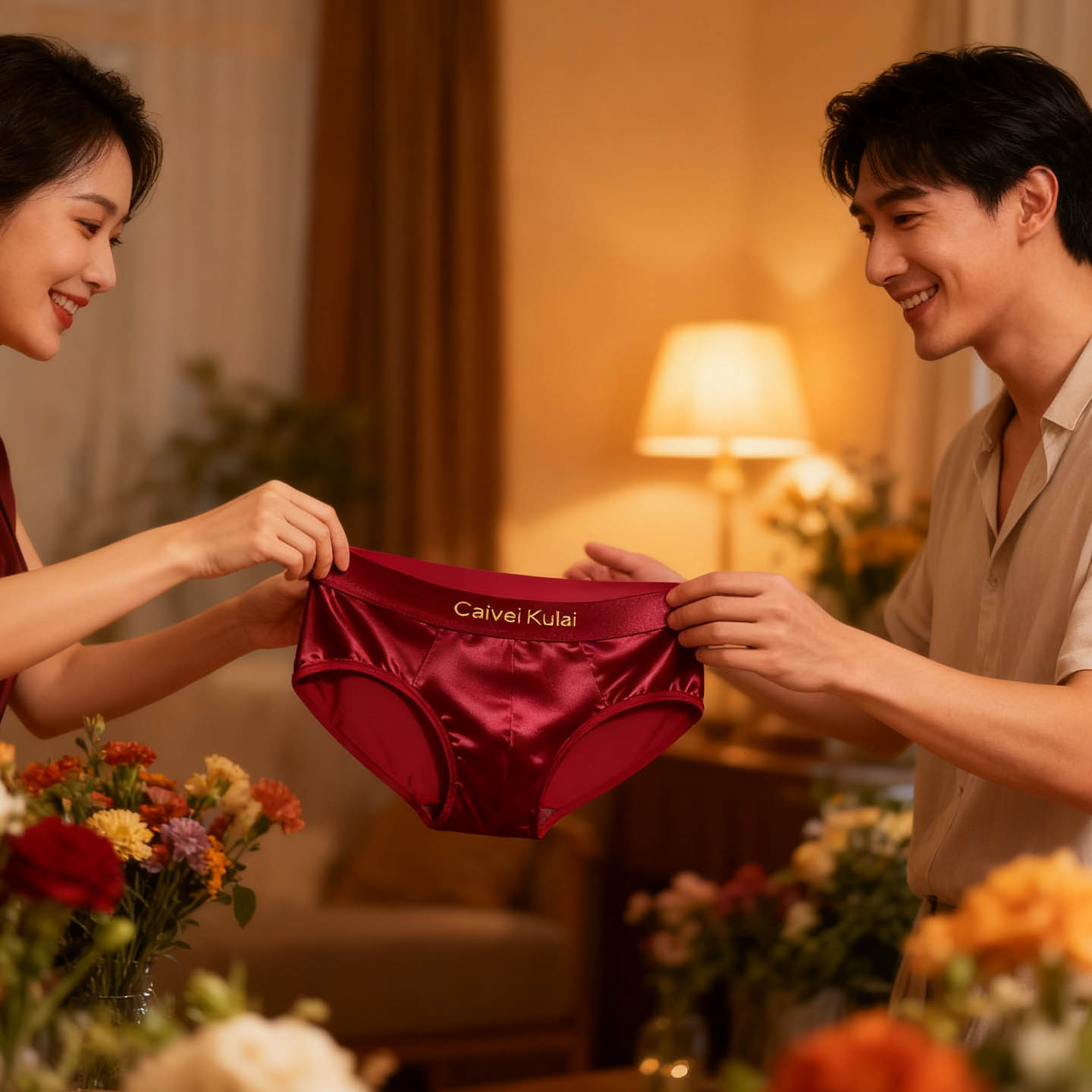 轻奢缎面冰丝酒红色男士内裤