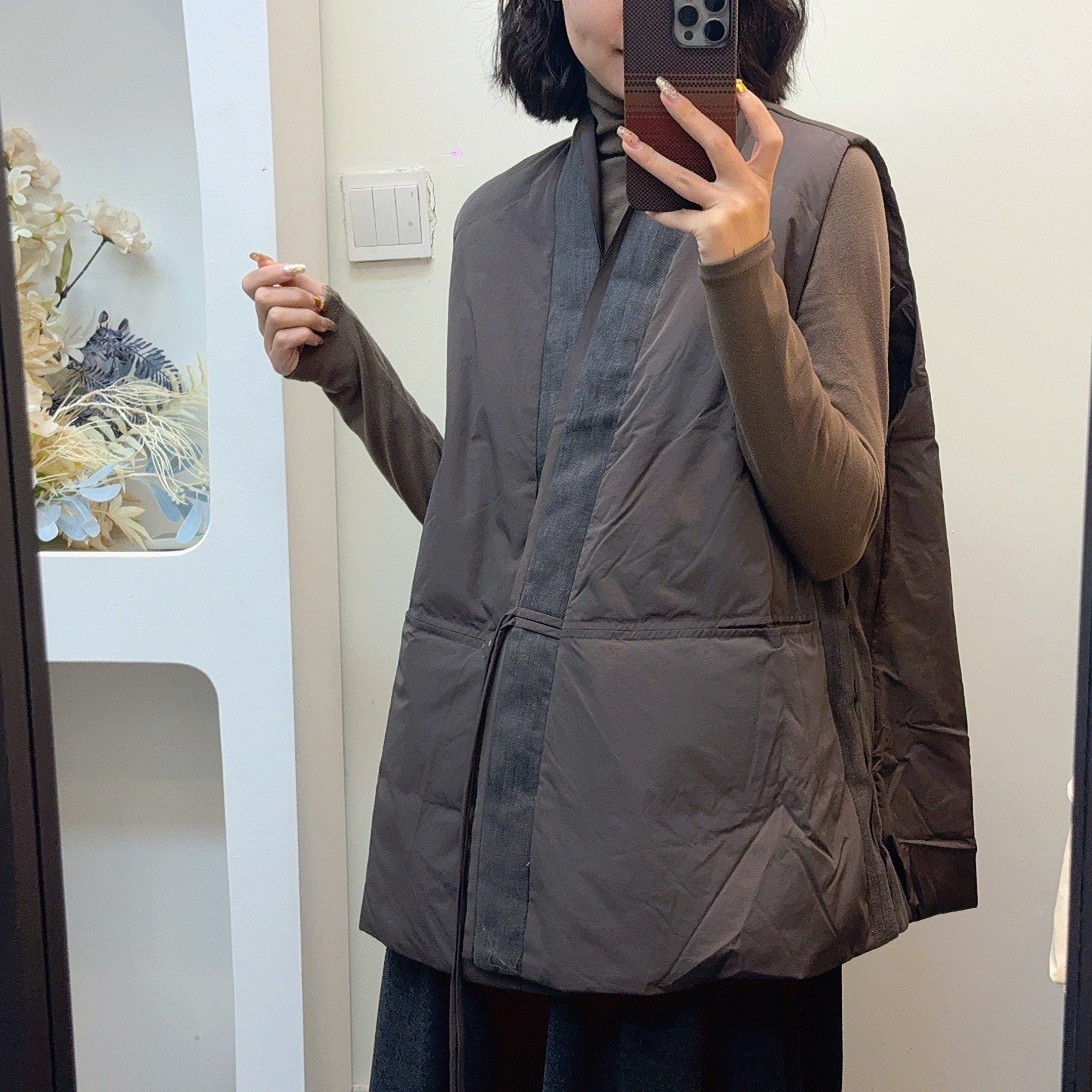 【赢利】冬季国风亚麻拼接V领女士羽绒服 5165