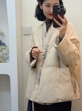 【赢利】冬季国风设计师亚麻拼接女士合服款羽绒服 5100