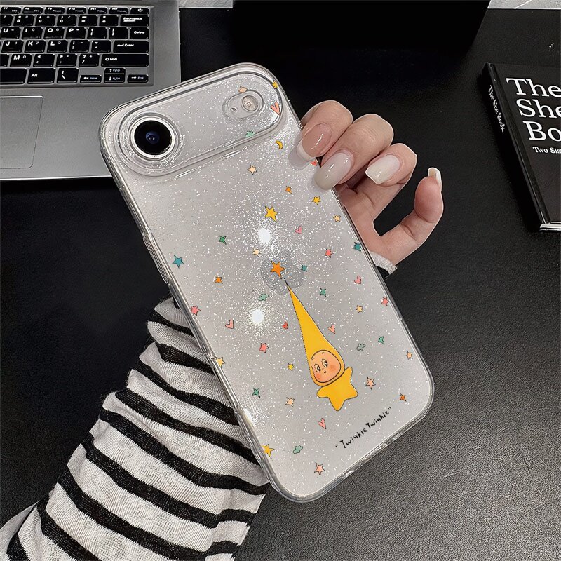 细闪卡通星星人适用苹果17air手机壳iPhone16promax透明15plus闪粉14pm女款13新款12超好看11/xs/xr/7/8软壳