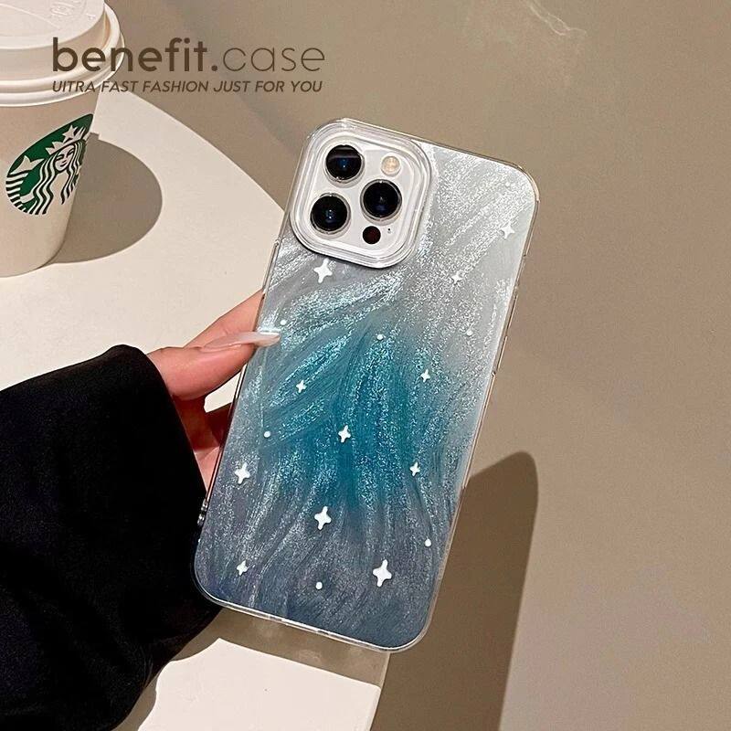 闪星晕染蓝色羽纱适用于iphone16promax苹果17AIR手机壳15plus新款14pm套13创意12/11硬壳xsmax硅胶xr防摔8p