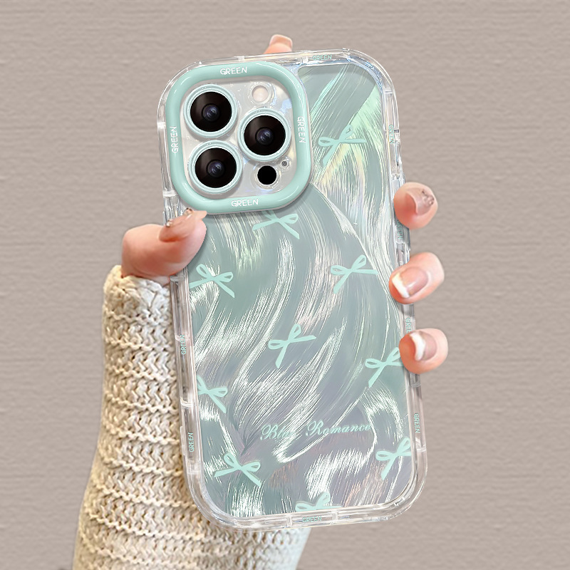 蓝色蝴蝶结适用苹果17promax奶油羽纱纹卡通透明手机壳iphone16可爱13苹果15保护套防摔14plus全包11趣味12pm