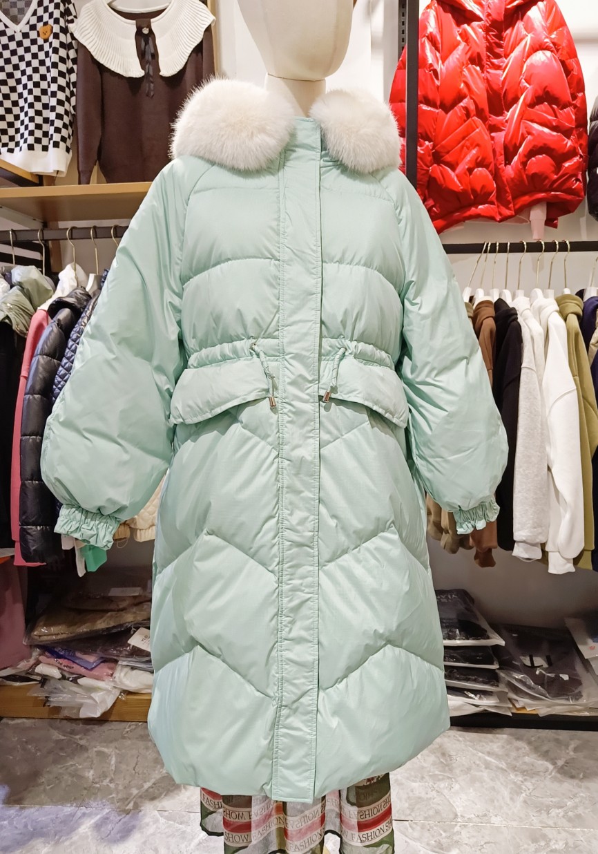 品牌折扣女装清仓处理大毛领羽绒服宽松抽腰显瘦中长款90%白鸭绒