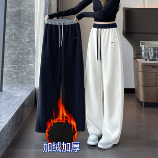 运动裤 高腰撞色纯棉卫裤 秋冬加绒宽松休闲裤 直筒阔腿弯刀裤 女窄版
